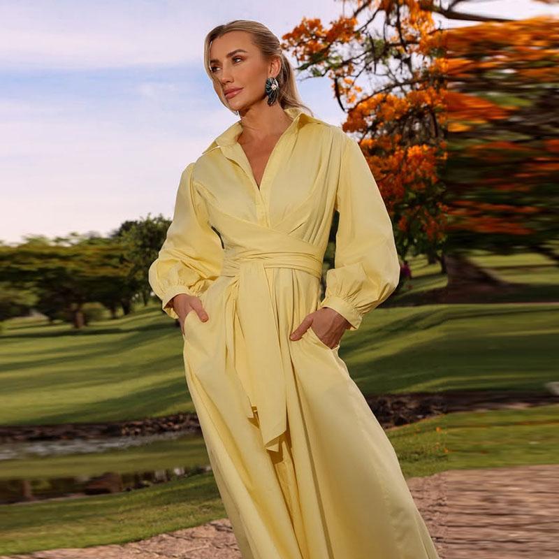 Women's Shirt Dress Turndown Collar Long Sleeve Waist Cinching Casual Temperamen Dress Commute Solid Color Slim Long Shirt 2025 Summer