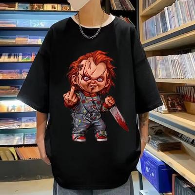Horror Chuck Pattern Tshirt Womens Gothic Fashion Short Sleeved Tshirt Summer High Quality Tshirt Street Clothing Tops
