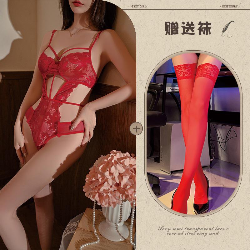 Hollow and Thin Sexy Underwear Sexy Onesie Temptation Strap Perspective Lace Free Purple