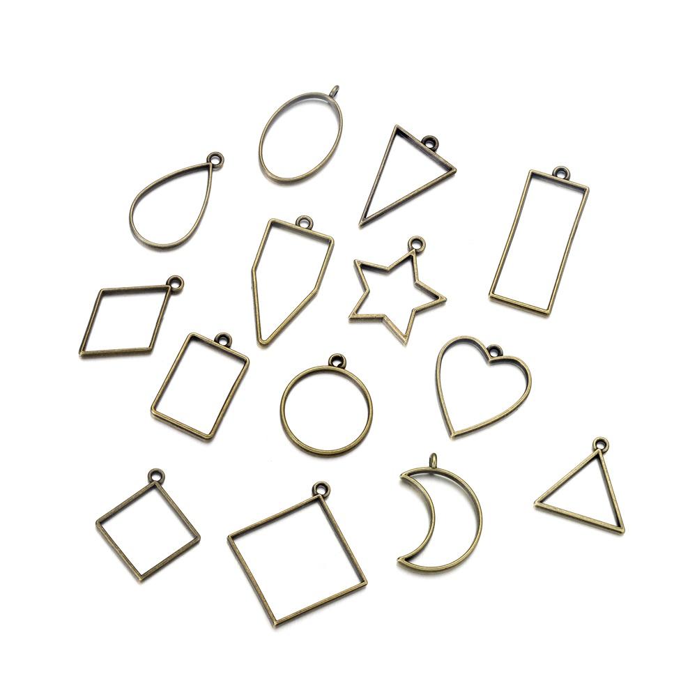 14Pcs/Lot Mixed Style Geometric Hollow Metal Frame Pendant for DIY Epoxy Resin Necklace Pendant Jewelry Making Accessories