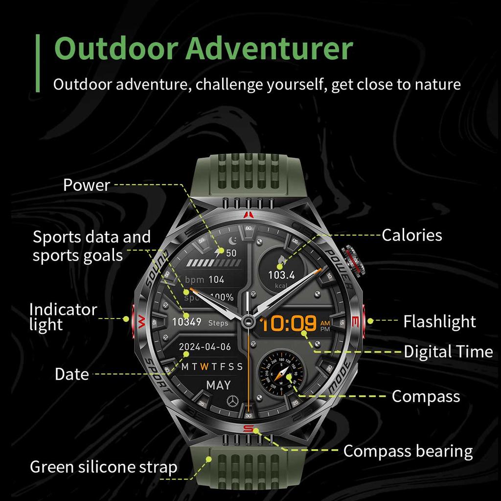 Outdoor Sport Kompass Smartwatch Herren Taschenlampe Laserlicht 450mAh Akku GPS Sport Track Wasserdicht Bluetooth Anruf Smartwatch