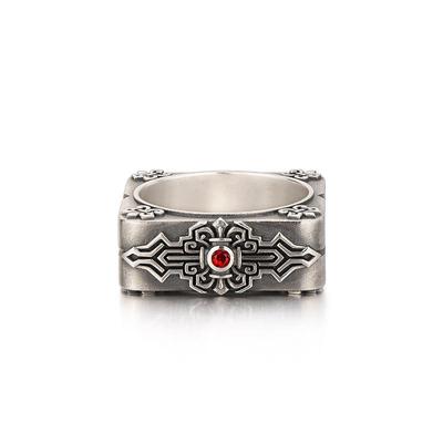 Yin Taifei Men's Retro Thai Silver Mechanical Pattern Square Ring