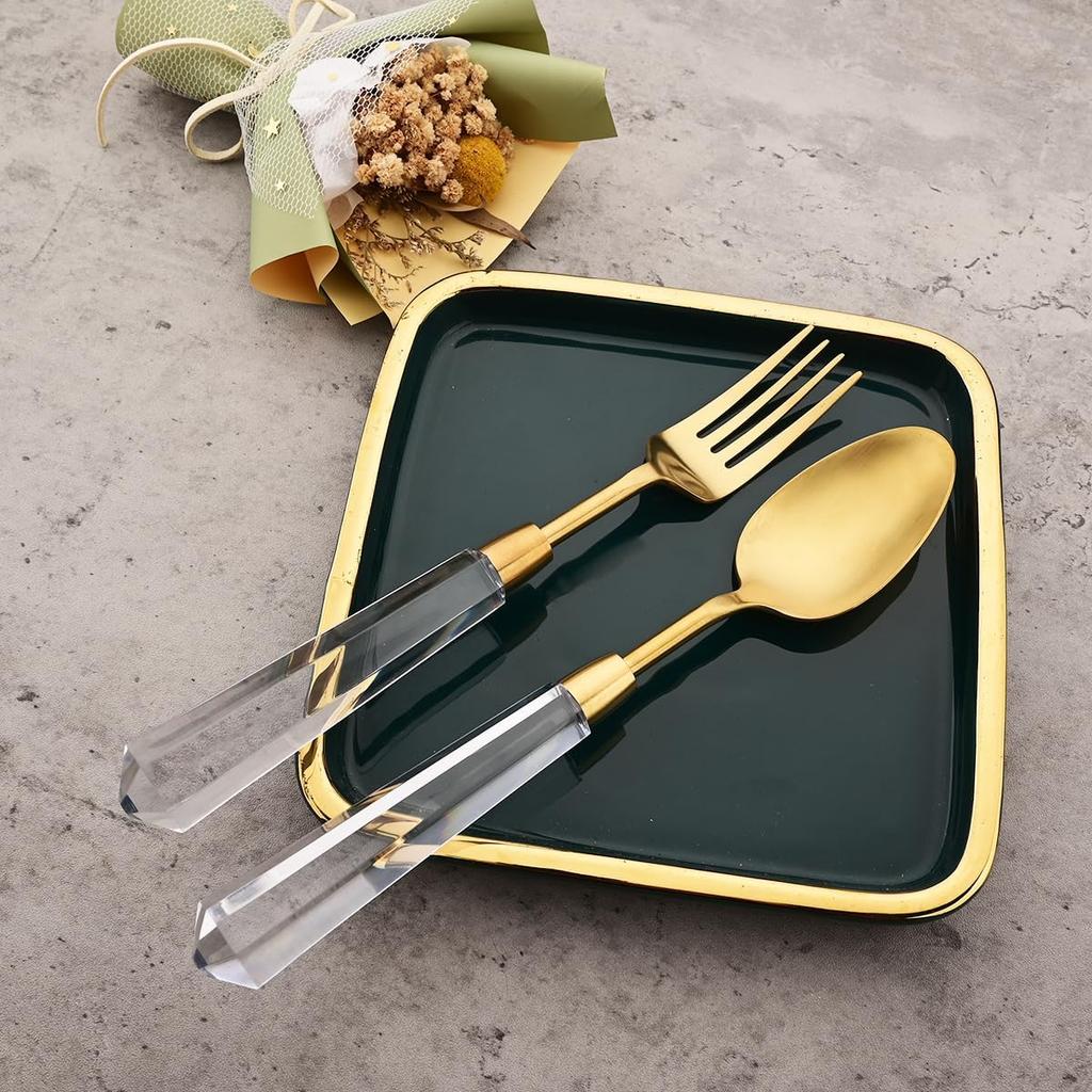 4Piece Gold Stainless Steel Flatware Set with Clear Acrylic Handle Matte Eating Utensils Dishwasher Safe