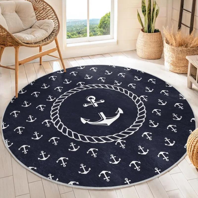 Nautical Navy Blue Anchor Pattern Round Rug Soft Non-Slip Floor Mat Vintage White Anchor Rope Circle Design Carpet for Bedroom
