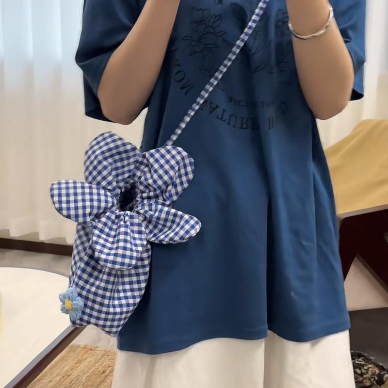 Checkered Flower Drawstring Bucket Bag Y2K Aesthetic Jacquard Shoulder Bag Summer Casual Crossbody Shoulder Bags