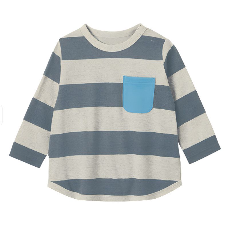 Qianqu Spring and Summer Striped Pullover Upper Clothes Long Sleeves T-shirt Dark Gray Stripes 110