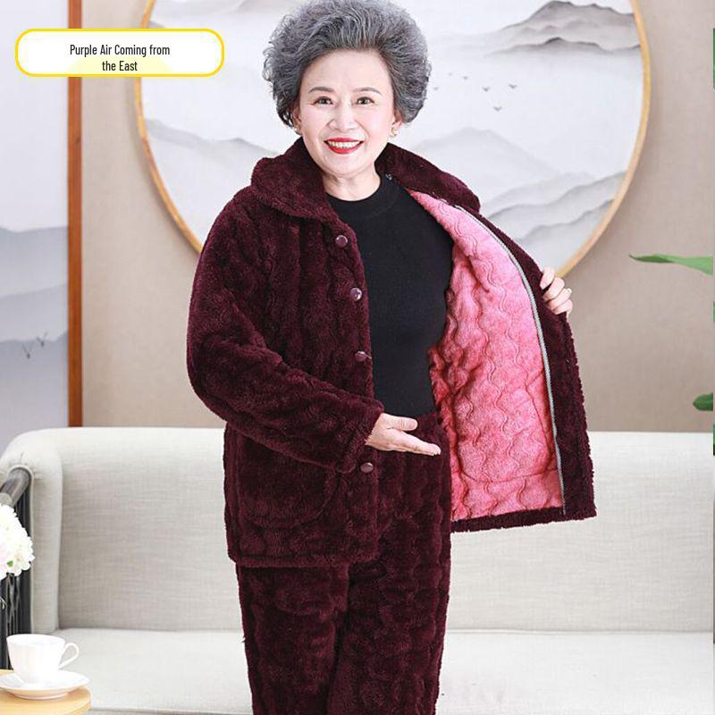 Three-Layer Fleece-Lined Quilted Winter Pajama Set for Elderly Women - Warm Coral Fleece Home Wear & Outerwear
