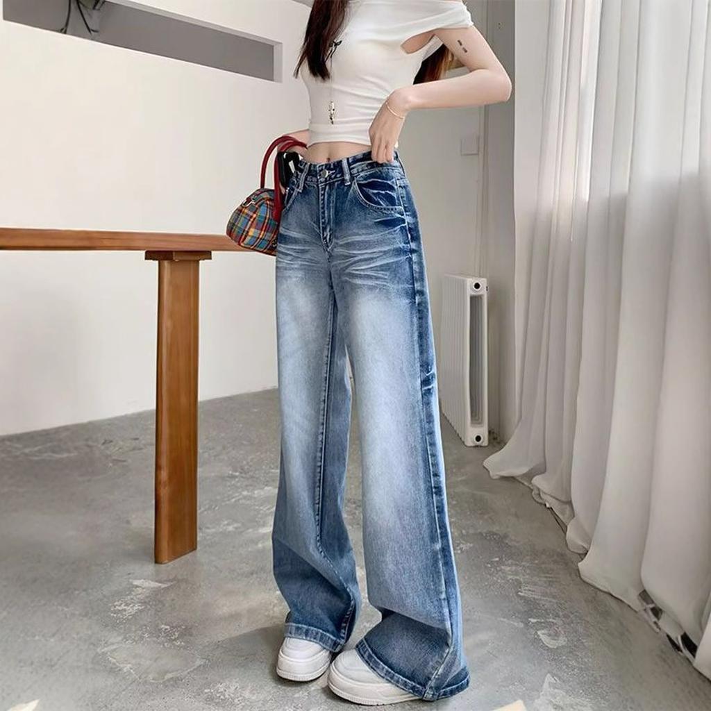 Vintage Washed Micro Flare Jeans Women High Waist Loose Thin Hundred Yards Straight Wide Leg Trailing Long Trousers Jeans for Women Long Denim Pants