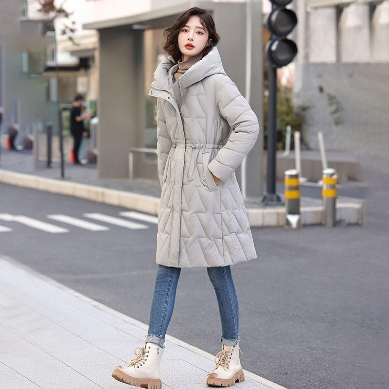 Women’s Winter High End Elegant Thickened Mid Length Padded Down Coat Waist Cinched Hooded Warm Fashion Outerwear