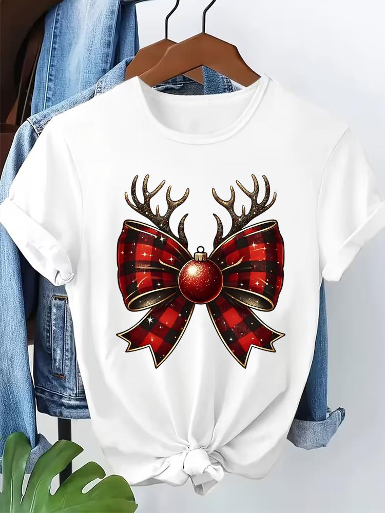 (Asian Size) tree cute style T Shirt Print Fashion Merry Christmas Women's Top Short Sleeve T-shirts O-neck Casual New Year Clothing Graphic Tee