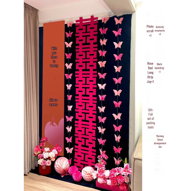 3D Butterfly Wedding Room Decoration Set: Double Happiness Curtains and Pull Flower Ornaments