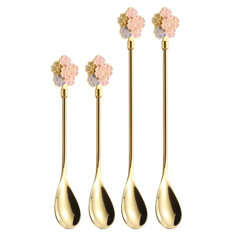 

Pack of 4 Stainless Steel Dessert Spoons with Flower Handle Design for Coffee Espresso Stirring and Party Table Decors золотий