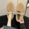 Runde Spitze Damen Mode Fell Ballerinas Flach zum Hineinschlüpfen Damen Bequem Warm Plüsch Loafer Doppelte Perlenriemen Lässig Mokassin