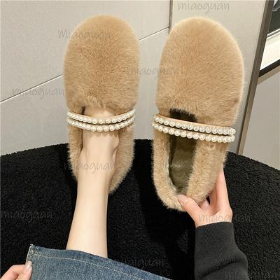 Round Toe Women's Fashion Fur Flats Shallow Slip On Ladies Comfortable Warm Plush Loafers Double Pearl Straps Casual Moccasin
