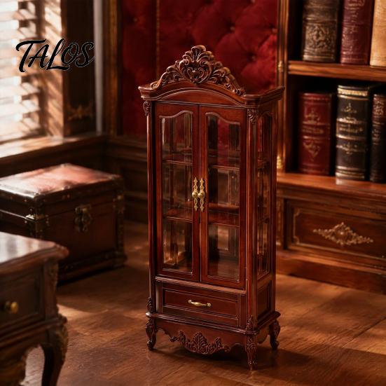 European Style Doll Mansion Accessory Miniature Curio Cabinet, 1/12 Scale Mini Wine Wooden Tiny Display Cabinet with Detailed Furniture Drawer,