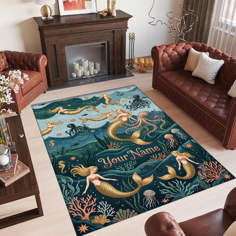 Mermaid Theme Crystal Velvet Floor Rug Personalized Custom Name Text Warm Carpet Home Decoration