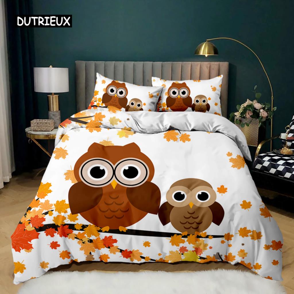 Owl Duvet Cover Adorable Cartoon Soft Microfiber Bedding Set Twin Double Queen King Size Animal Theme