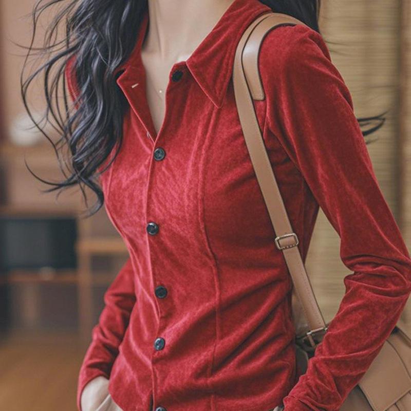 French Niche Top Foreign Chic Feeling Beautiful Red Velvet Shirt Women's Autumn