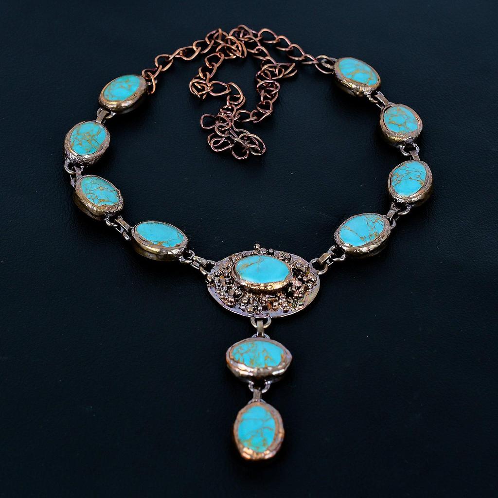 Arizona Turquoise Gemstone Necklace, Copper Electroformed Necklace Adjustable Chain Jewelry, Handmade Antique Jewelry Gift For Mother