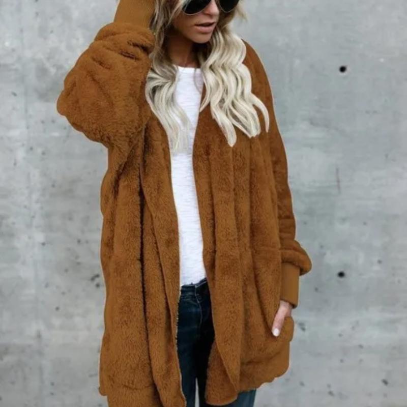 

Autumn Winter Double Fleece Cardigan Jacket Women Solid Color Long Sleeve Plush Warm Hooded Lady Jacket Oversized Outerwear Coat 4XL кавовий
