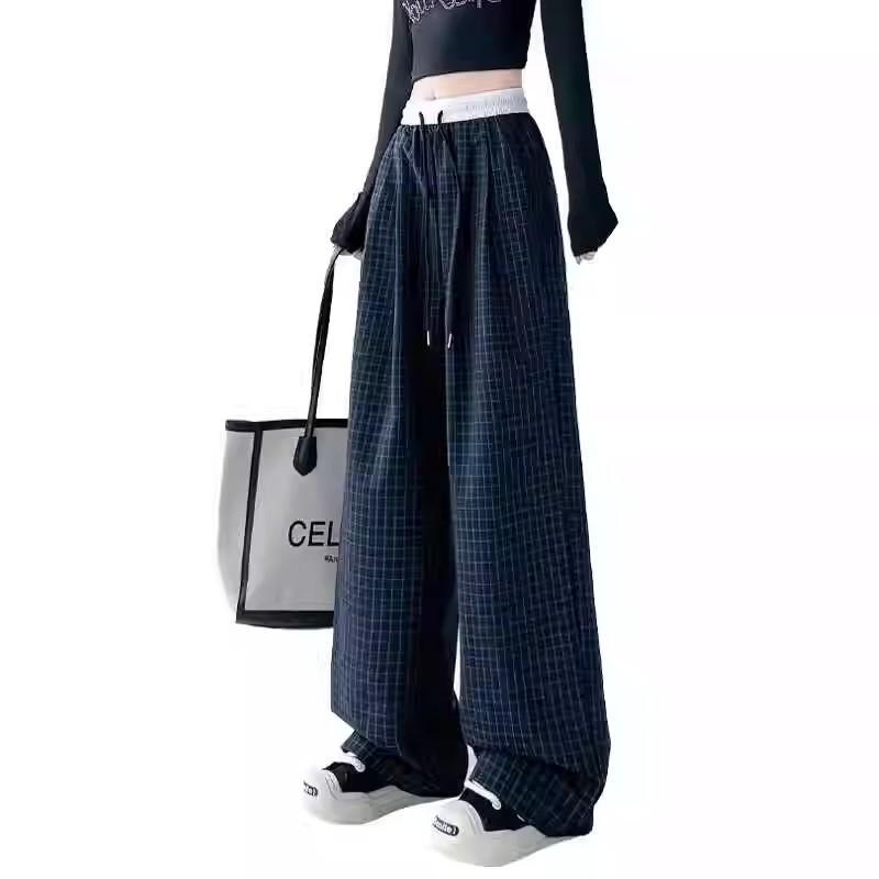 

Маленькие 150 см Американские брюки в клетку колор-блок с широкими штанинами, тонкие летние - Женские спортивные повседневные брюки прямого кроя 2XL темно-синий