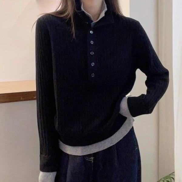 High Quality Knitted Shirt Women Casual Warm Color Blocking Fashion Autumn Winter Tops