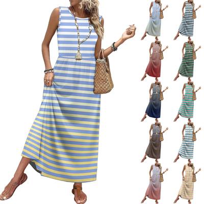 Ladies' Striped Printed Casual and Fashionable Waist Cinched Sleeveless Dress