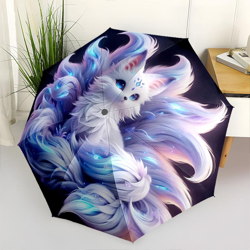 1pc White Nine Tailed Fox Pattern Umbrella, Fashionable, Personalized, High-Value Folding Umbrella, a Must-Have for Summer, 8-Rib Durable Iron Fr