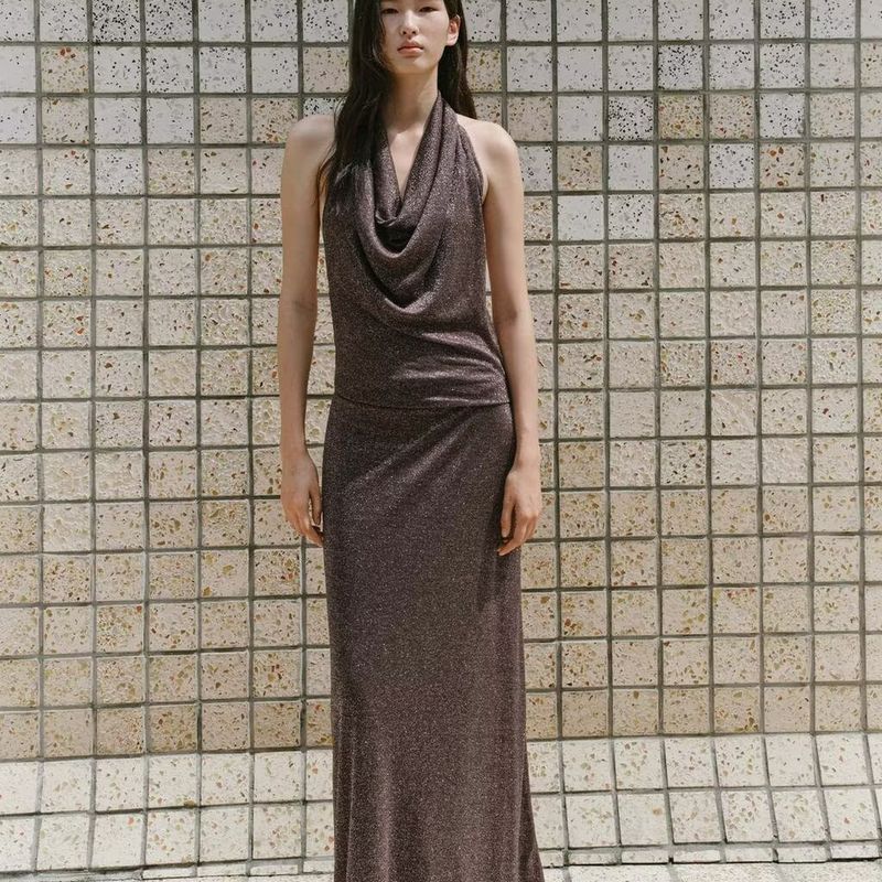 Zbzr Spring New Women Clothes Western Style Fashion Sexy Backless Metallic Line Length Dress 2180237