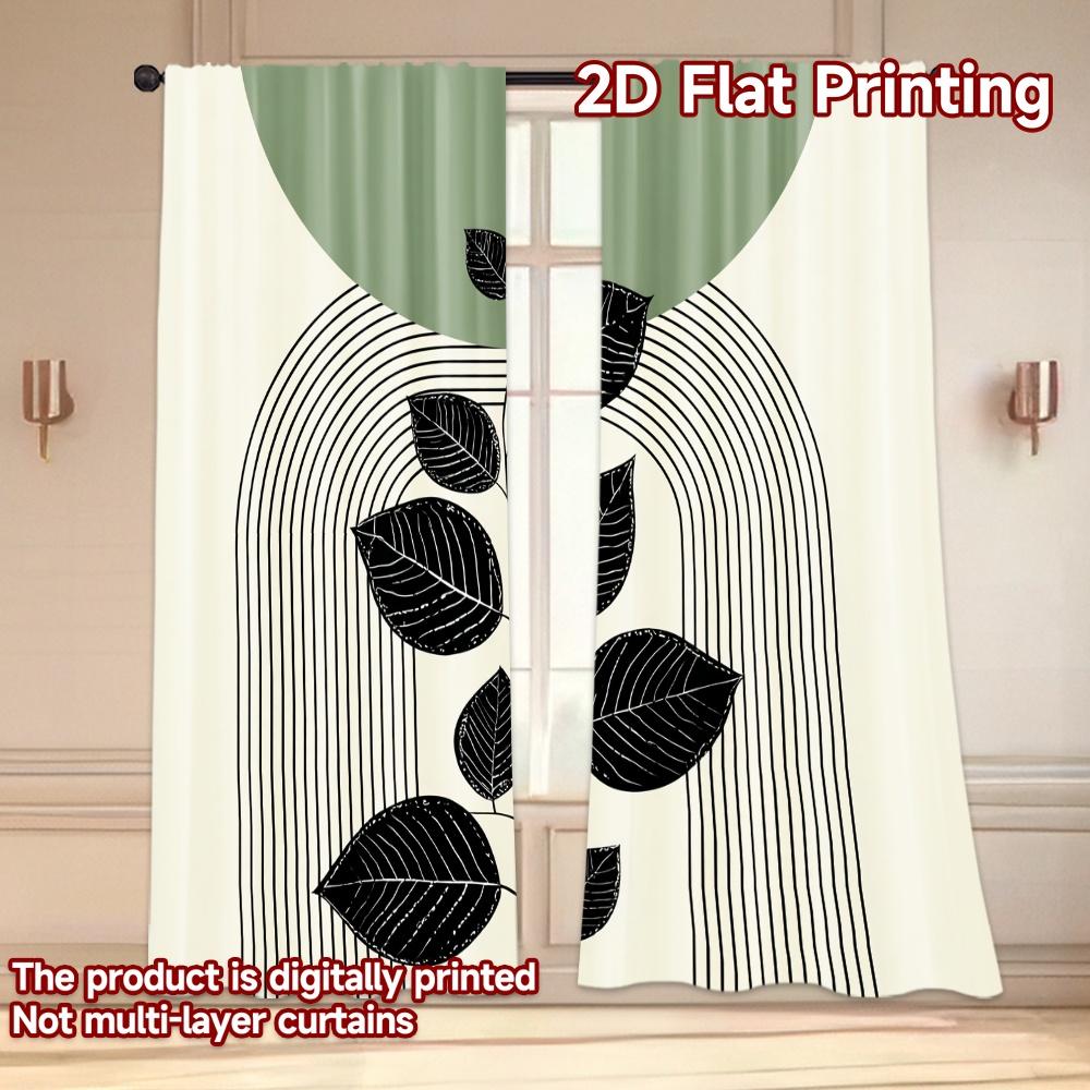 Set Of 2 Flat Printing Curtains Without Rod Green Leaves Curved Lines Easter Festival Chic Print Versatile Curtain Polyester