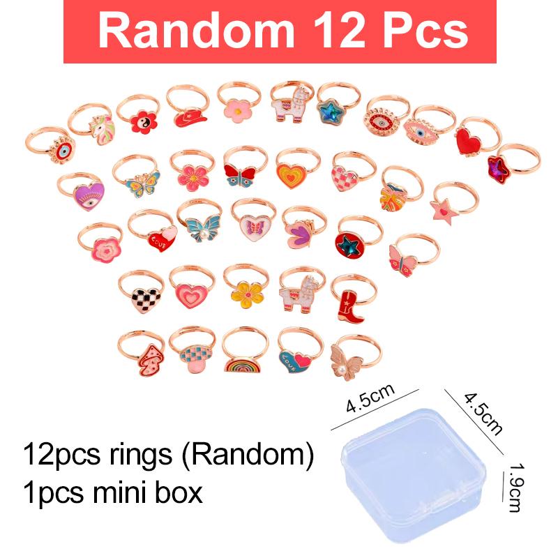 

6/9/12/36pcs Cute Adjustable Rings Children Girls Pretend Play Makeup Toys Cartoon Crystal Jewelry Alloy Animal Enamel Rings
