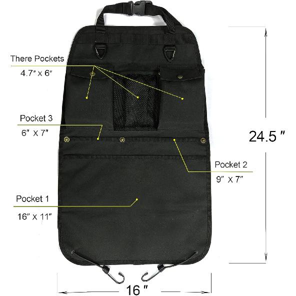 Black Car Seat Back Organizer with Multiple Pockets and Hooks