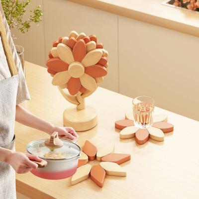 Wooden Sunflower Coaster Heat-Resistant Hot Dish Pot Bowl Teapot Pan Trivet Decorative Kitchen Coffee Dining Table Drink Cup Coaster