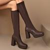 Platform Thick Heel Women Knee High Boots Fashion Slip On Shoes Autumn Winter Ladies Elegant Stretch Slim Long Booties