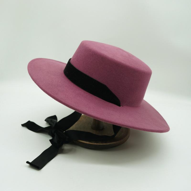 Japanese Korean Version Retro Raspberry Purple Lace-Up Removable Wool Nylon Felt Flat Top Top Hat Women'S Autumn And Winter Wide Brim British