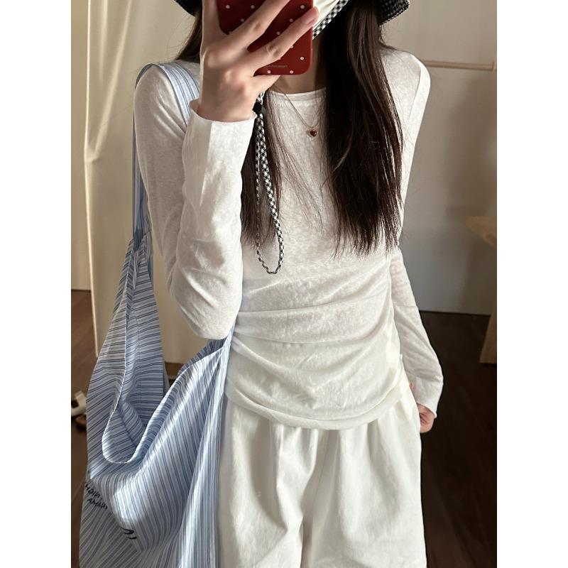 Simple style white sunscreen blouse women s spring and summer slightly transparent thin knitted top sexy spice bottom long sleeves S