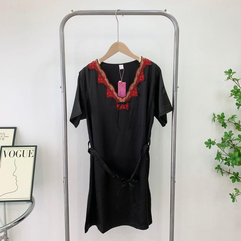 

2024 New Arrival Summer Pajamas Women Ice Silk Short Sleeve Thin Sexy Lace Trim Silk Home Wear Nightdress Black One size