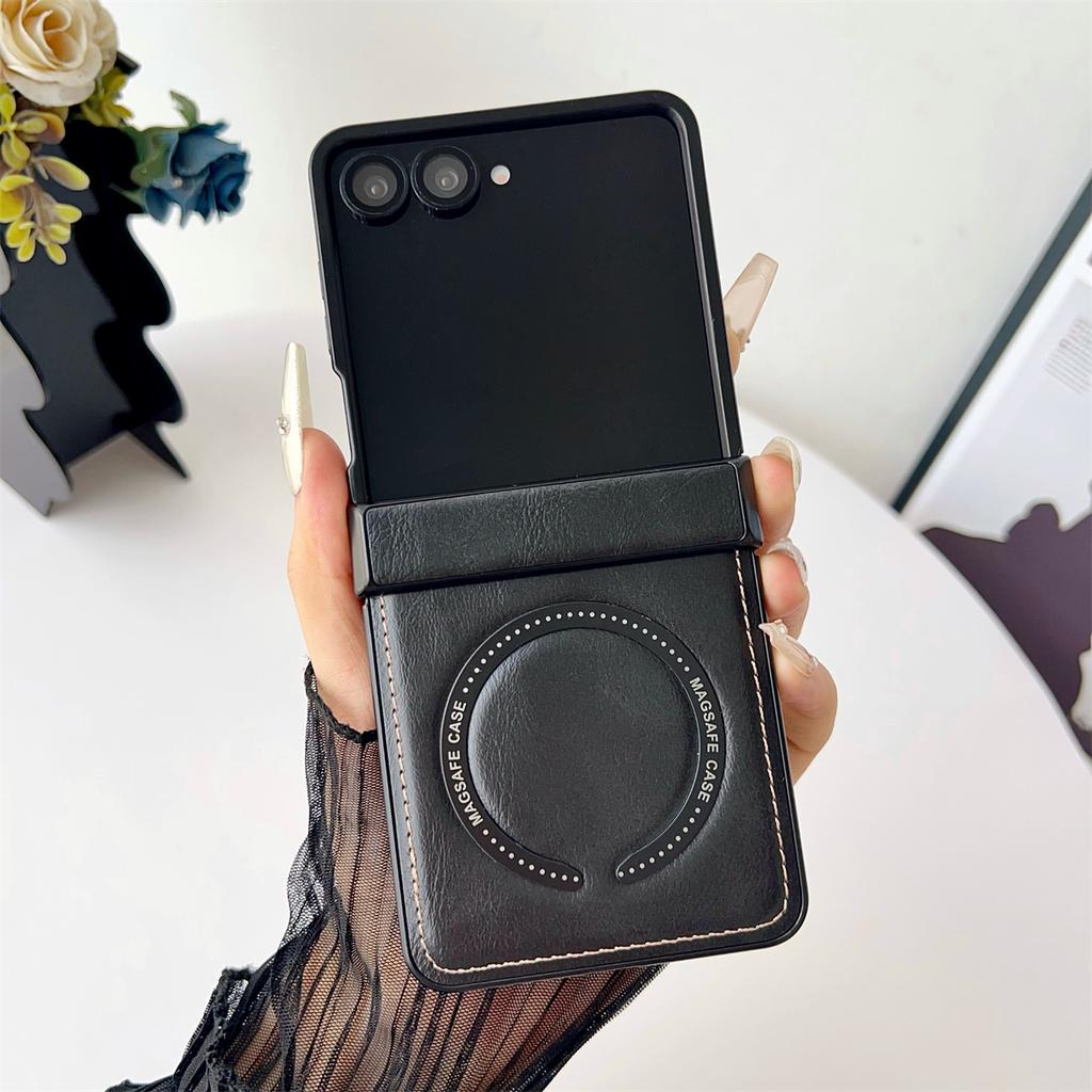 PU Leather Protective Back Cover for Samsung Galaxy Z Flip 7 Phone Case Magnetic Wireless Charging Shell, Z Flip 7 FE 6 5 4