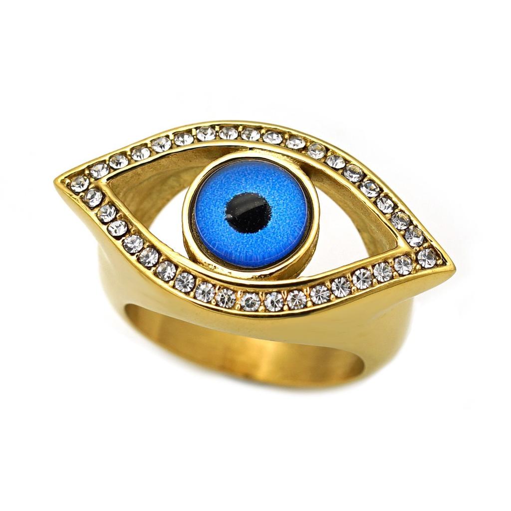Ring gold plated diamond blue angel eyes hip hop ring