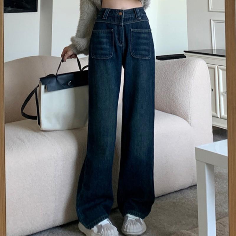 Nowe dżinsy z wysokim stanem, retro, z szerokimi nogawkami, wyszczuplające, dla drobnych studentek