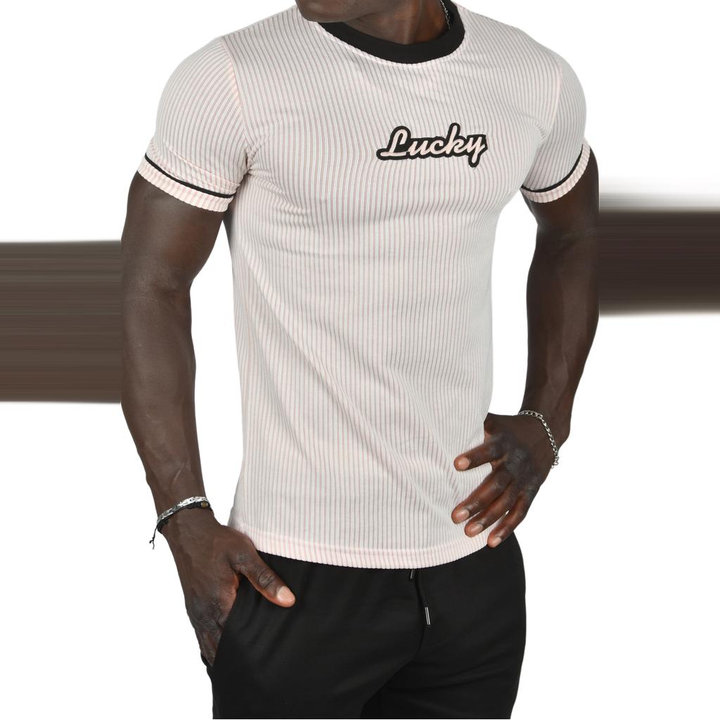 DeepSEA Slim Fit Lycra Striped Collar and Striped Sleeves Lucky Text T-Shirt 2403201