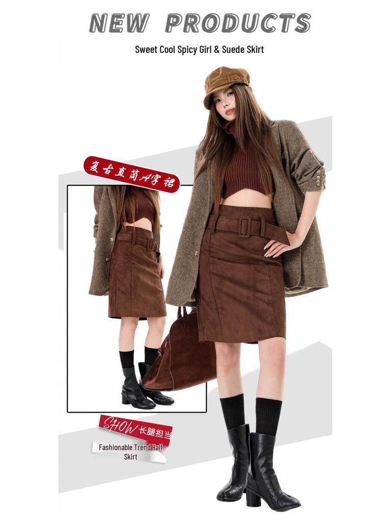 American Retro Suede Women's High Waist Slimming Bodycon Skirt for Autumn/Winter 2025