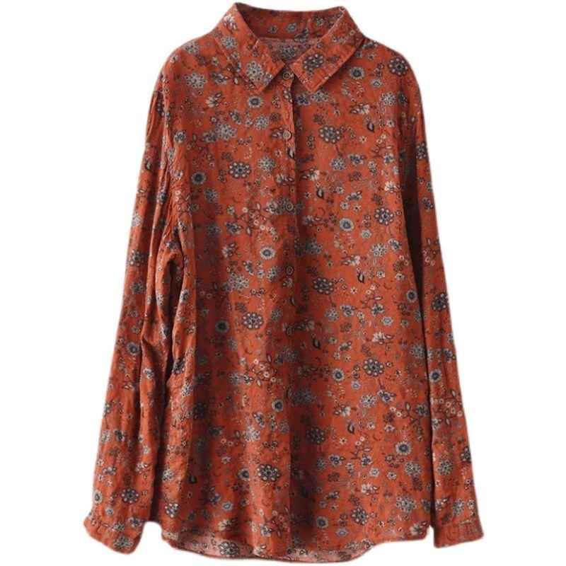 Women's Printed Cotton Linen Shirt Women's Casual Spring and Autumn Vintage Long-sleeved Shirt Top