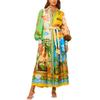 Spring 2026 European & American Women's Fashion: Belted Waist-Cinching Printed Lantern Sleeve Long Dress