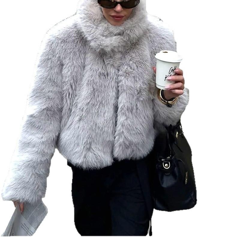 Europe, America, autumn and winter new imitation fur jacket women's short stand-up collar artificial wool jacket