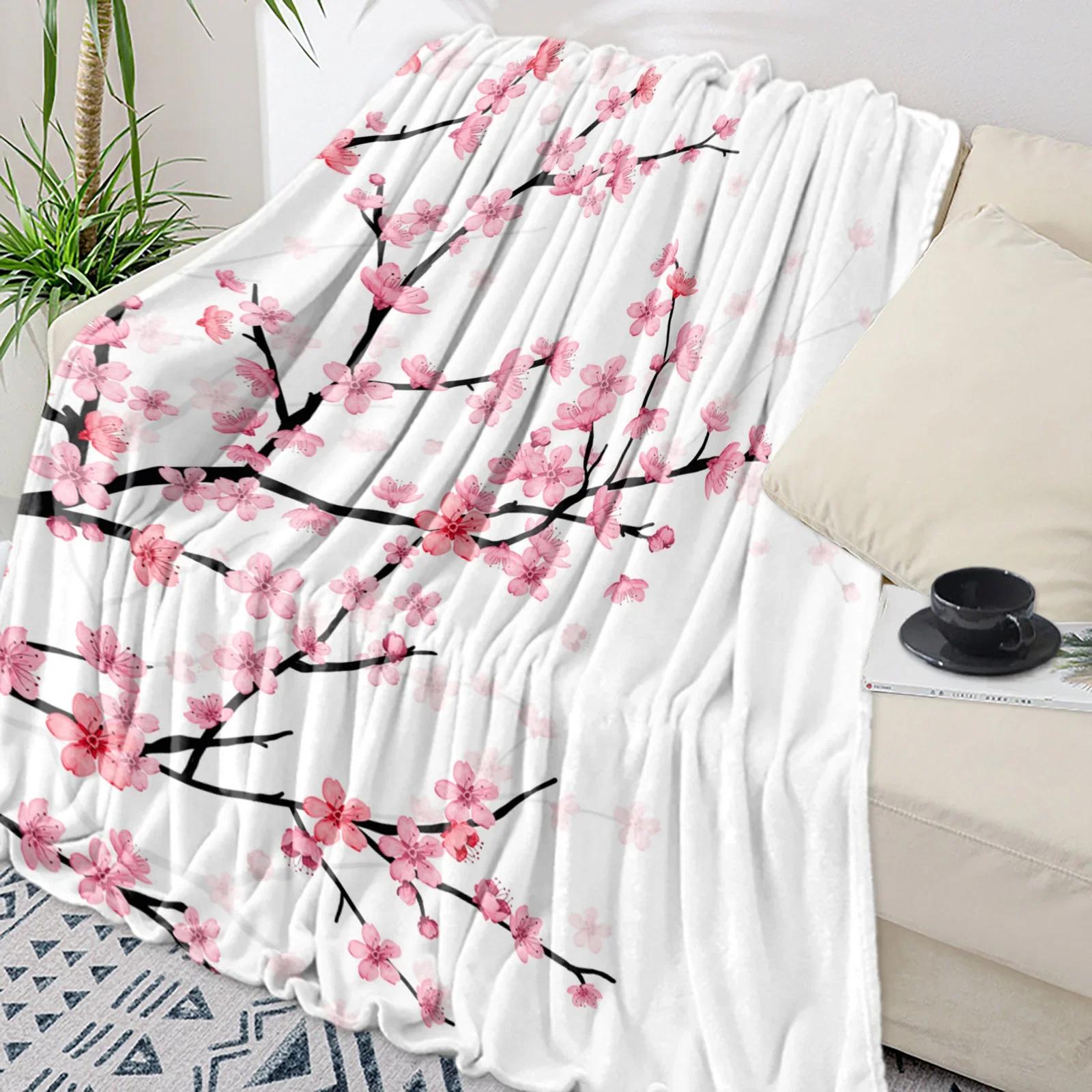 

Cherry Blossom Pink Flower White Throw Blanket Warm Microfiber Flannel Bedroom Decor Blankets for Beds Home Textiles 100x150cm