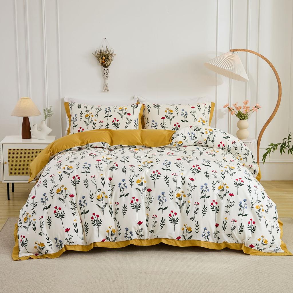 3PCS Yellow Duvet Cover Set FLoral Comforter Cover Tassel Country Bed Set Soft Lightweight Down Bedding Set for All Season