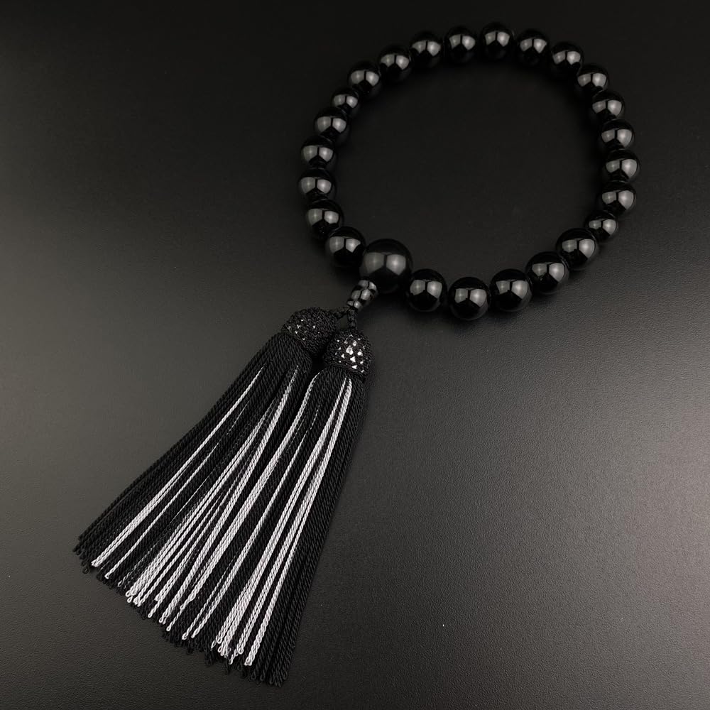 [WONDERFUL LOTUS] Men's Prayer Beads, 22 Beads, Onyx, Two-Color Silk Tassel, Prayer Beads Bag Included, Suitable for All Sects, Informal, Black,