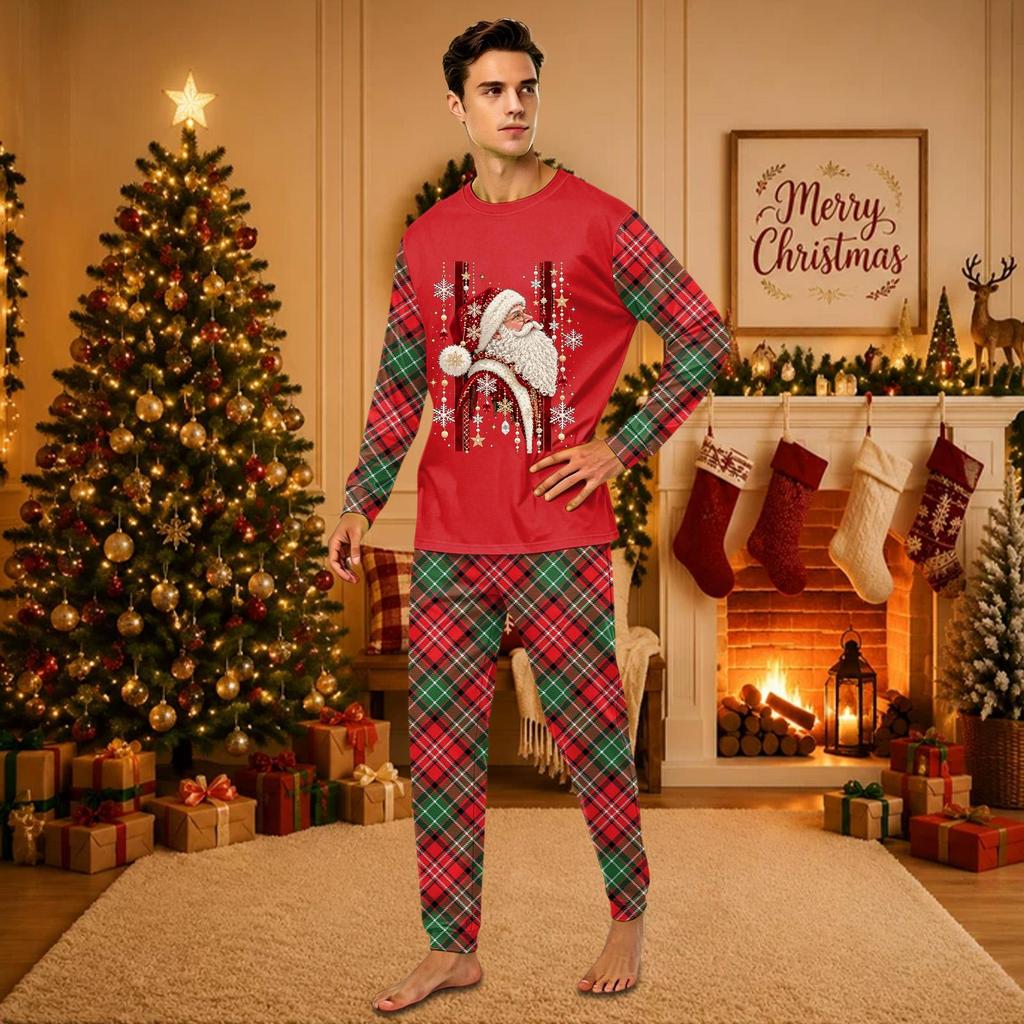 Christmas-print long-sleeve and long-pant matching family loungewear set