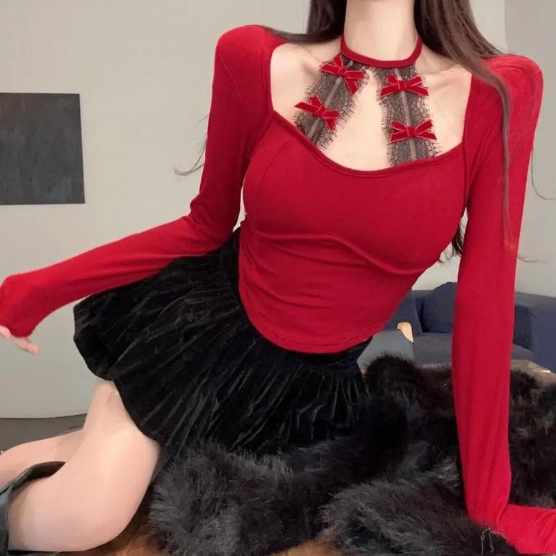 2KWEIRD Square Collar Long Sleeve Bottoming Women Tees Sweet Y2k Aesthetic Bow Sexy Lace Crop Top Japanese Chic Fashion Slim T-Shirts